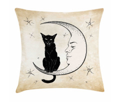 Black Cat Siting on Moon Pillow Cover