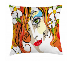 Woman Red Hair Floral Pillow Cover
