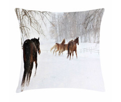 Horses in Snowy Forest Pillow Cover