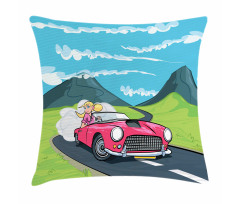 Blonde Girl Drives on Road Pillow Cover