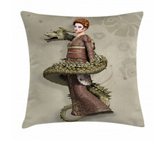 Geisha with Huge Dragon Pillow Cover