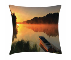 Boat on Misty Shoreline Pillow Cover