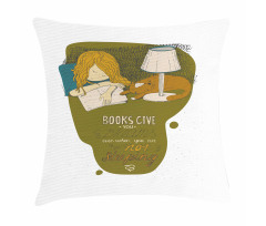 Girl and Cat Sleep on Book Pillow Cover