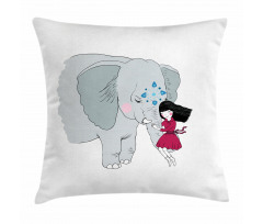 Girl on Trunk of Elephant Pillow Cover