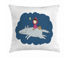 Cartoon Girl on Giant Wolf Pillow Cover