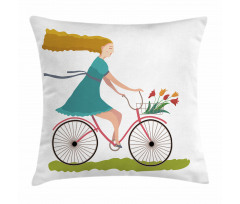 Woman on Bike Tulips Pillow Cover