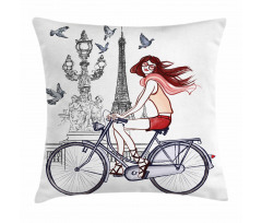 Woman on Bike Eiffel Pillow Cover