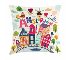 Cartoon Amsterdam Houses Pillow Cover