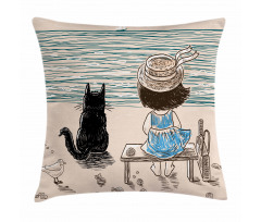 Baby Girl with a Cat Pillow Cover