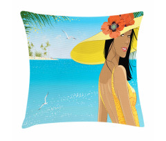Young Woman Tropical Sea Pillow Cover