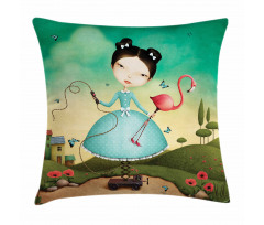 Girl and Flamingo Toy Pillow Cover