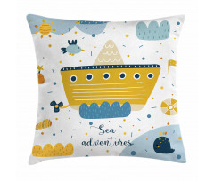 Ship and Puffy Clouds Pillow Cover