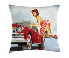 Lady Fixing the Car Pillow Cover