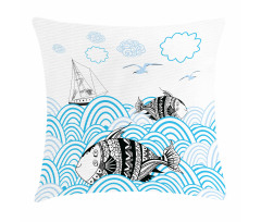 Sketch Boat and Animals Pillow Cover