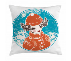 Little Girl in Winter Sheep Pillow Cover