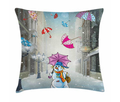 Cartoon Snowman and Umbrella Pillow Cover