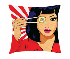Pop Art Style Girl with Sushi Pillow Cover