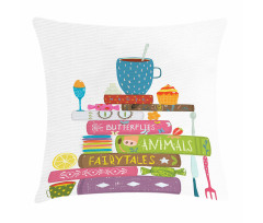 Cup on a Pile of Fantasy Books Pillow Cover