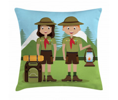 Woman and Men in Forest Pillow Cover