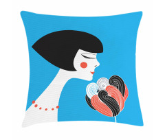 Girl with a Flower on Blue Pillow Cover