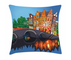 Night City Canal Bridge Pillow Cover