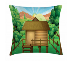 Wooden Hut Shelter and Sun Pillow Cover