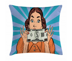 Woman Holding Dollar Bill Pillow Cover
