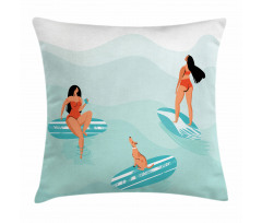 Surfing Girls with a Dog Pillow Cover