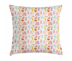 Colorful Rabbits Pink Hearts Pillow Cover