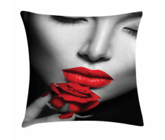 A Young Lady Holding Red Rose Pillow Cover