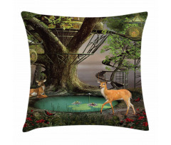 Abstract Deer and Tree House Pillow Cover