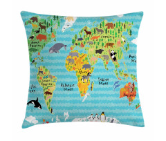 Kids World Map of Animal Pillow Cover