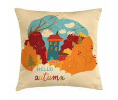 Fall Leaves Trees and House Pillow Cover