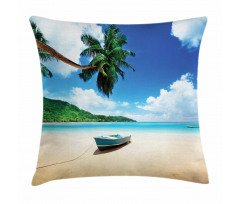 Boat on Beach Mahe Island Pillow Cover