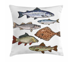 Drawn Various Species of Fish Pillow Cover