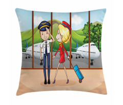 Pilot and Hostess Cartoon Pillow Cover