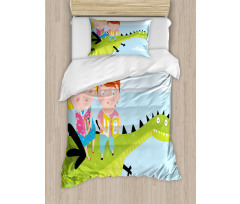 Boy Girl Sitting on Dragon Duvet Cover Set