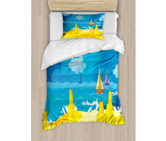 Vibrant Seaside Cartoon Scene Duvet Cover Set