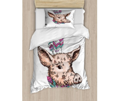 Pig Portrait Feathers Duvet Cover Set