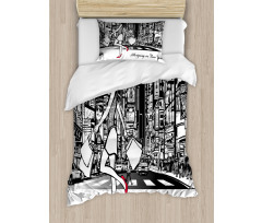 Lady Passing Crowded City Duvet Cover Set