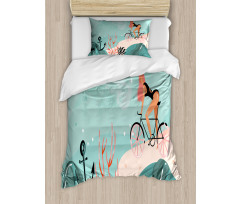 Woman Cycling in Sea Duvet Cover Set