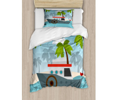 Cartoon Boat Palms Duvet Cover Set