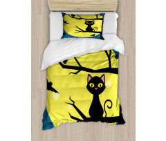 Cat and Owl on Branches Duvet Cover Set