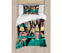 Hand Drawn Streets Houses Duvet Cover Set