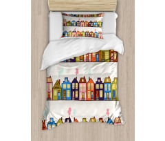 Funky Houses on Streets Duvet Cover Set