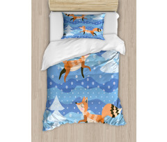 Winter Snowing Tree and Animal Duvet Cover Set