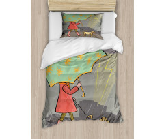 Lady Walking with Dog Duvet Cover Set