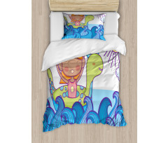 Swimming Wheel Girl Waves Sun Duvet Cover Set