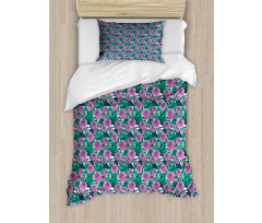 Graphical Flowers and Leaves Duvet Cover Set
