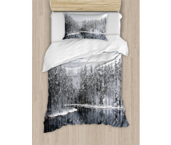 Trees in Cold Day Lake Duvet Cover Set
